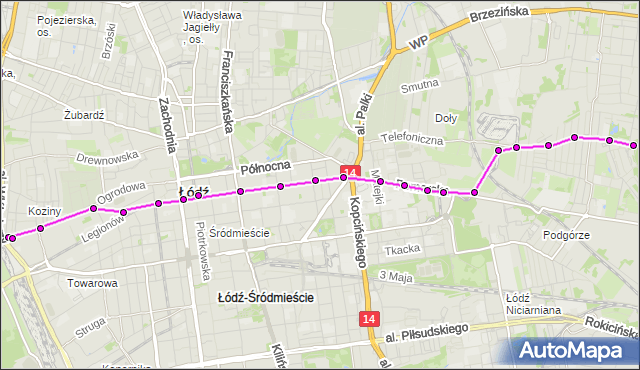 Mapa Polski Targeo, Tramwaj 15 - trasa Stoki - Koziny. MPKLodz na mapie Targeo