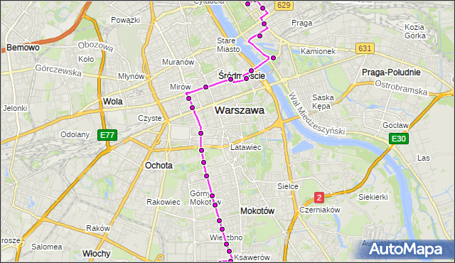 Mapa Polski Targeo, Autobus 174 - trasa PL.HALLERA - BOKSERSKA. ZTM Warszawa na mapie Targeo