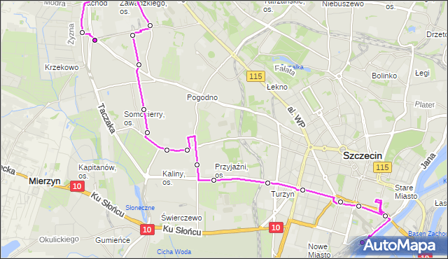 Mapa Polski Targeo, Autobus 521 - trasa Krzekowo - Dworzec Główny. ZDiTM Szczecin na mapie Targeo