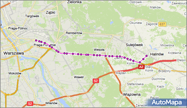 Mapa Polski Targeo, Autobus 704 - trasa WIATRACZNA - PKP HALINÓW HP. ZTM Warszawa na mapie Targeo