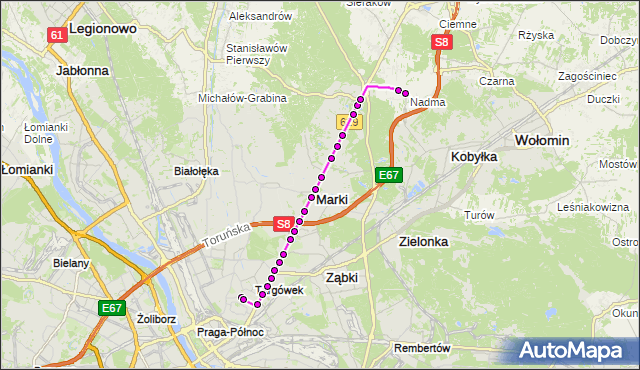 Mapa Polski Targeo, Autobus 740 - trasa TARGÓWEK - NADMA NA. ZTM Warszawa na mapie Targeo