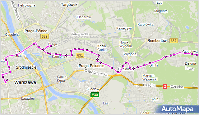 Mapa Polski Targeo, Autobus N71 - trasa WOLA GRZYBOWSKA - DW.CENTRALNY. ZTM Warszawa na mapie Targeo
