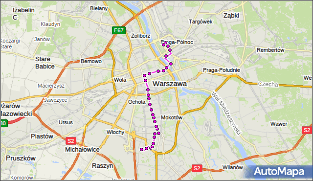 Mapa Polski Targeo, Autobus 174 - trasa BOKSERSKA - PL.HALLERA. ZTM Warszawa na mapie Targeo