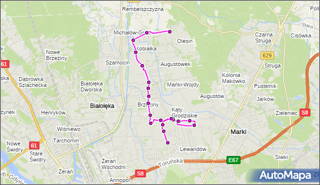 Mapa Polski Targeo, Autobus 304 - trasa OS.DERBY - OLESIN. ZTM Warszawa na mapie Targeo