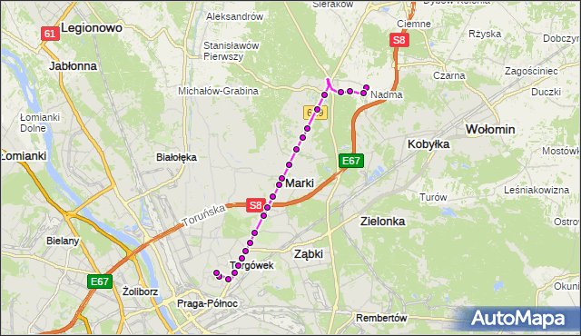 Mapa Polski Targeo, Autobus 740 - trasa NADMA NA - TARGÓWEK. ZTM Warszawa na mapie Targeo