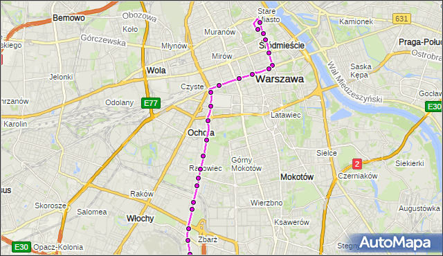 Mapa Polski Targeo, Autobus 175 - trasa PL.PIŁSUDSKIEGO - LOTNISKO CHOPINA. ZTM Warszawa na mapie Targeo