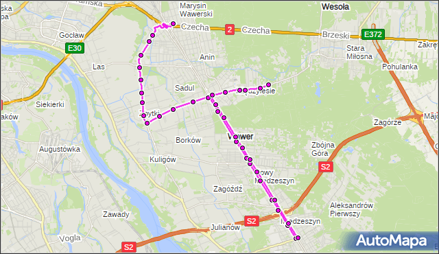 Mapa Polski Targeo, Autobus 305 - trasa STRUSIA - MIĘDZYLESIE. ZTM Warszawa na mapie Targeo