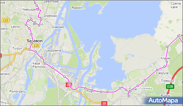 Mapa Polski Targeo, Autobus 522 - trasa Osiedle Kasztanowe - Warszewo. ZDiTM Szczecin na mapie Targeo