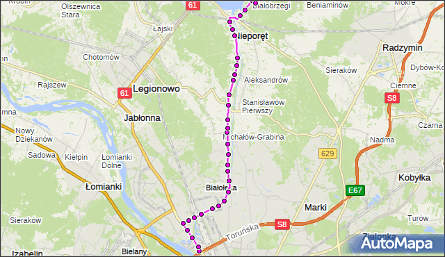 Mapa Polski Targeo, Autobus 705 - trasa ŻERAŃ FSO - BIAŁOBRZEGI BB. ZTM Warszawa na mapie Targeo