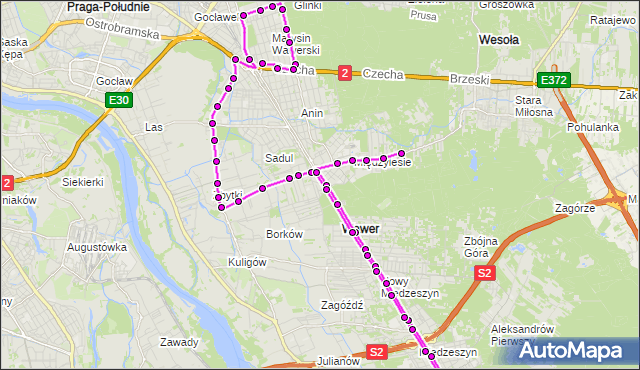 Mapa Polski Targeo, Autobus 305 - trasa MIĘDZYLESIE - STRUSIA. ZTM Warszawa na mapie Targeo