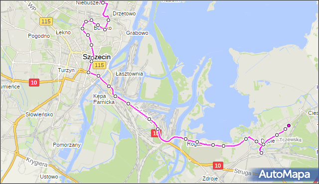 Mapa Polski Targeo, Autobus 522 - trasa Dąbie Osiedle - Kormoranów. ZDiTM Szczecin na mapie Targeo