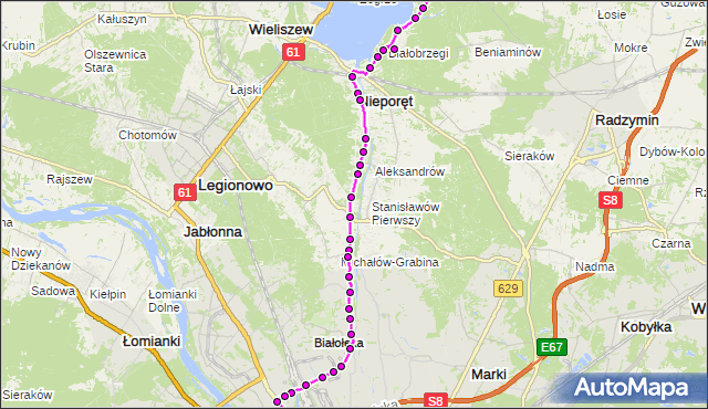 Mapa Polski Targeo, Autobus 705 - trasa RYNIA RN - ŻERAŃ FSO. ZTM Warszawa na mapie Targeo