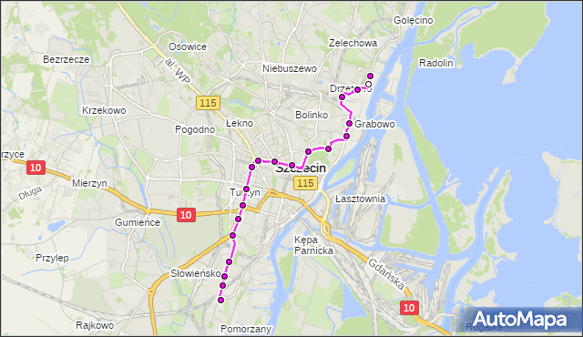 Mapa Polski Targeo, Tramwaj 11 - trasa Pomorzany - Ludowa / Zajezdnia Golęcin. ZDiTM Szczecin na mapie Targeo