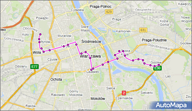 Mapa Polski Targeo, Autobus 151 - trasa MŁYNÓW - GOCŁAW. ZTM Warszawa na mapie Targeo