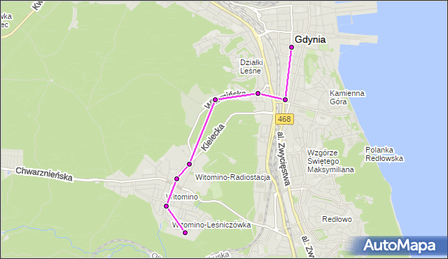 Mapa Polski Targeo, Autobus 190 - trasa Armii Krajowej - Witomino Leśniczówka. ZKMGdynia na mapie Targeo