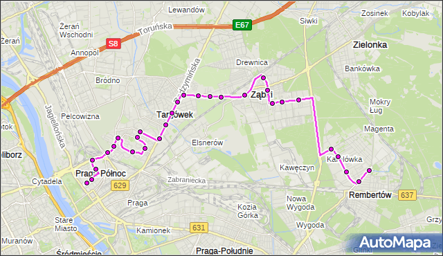 Mapa Polski Targeo, Autobus 199 - trasa PL.HALLERA - REMBERTÓW-AON. ZTM Warszawa na mapie Targeo