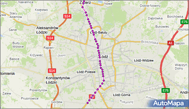 Mapa Polski Targeo, Tramwaj 16 - trasa plac Kilińskiego (Zgierz) - ET-2. MPKLodz na mapie Targeo