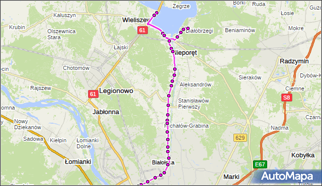 Mapa Polski Targeo, Autobus 705 - trasa BIAŁOBRZEGI BB - ŻERAŃ FSO. ZTM Warszawa na mapie Targeo