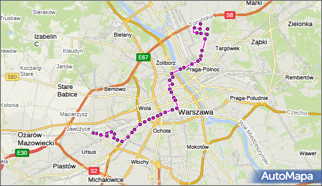 Mapa Polski Targeo, Autobus 127 - trasa BRÓDNO-PODGRODZIE - NOWE WŁOCHY. ZTM Warszawa na mapie Targeo