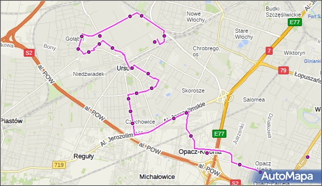 Mapa Polski Targeo, Autobus 177 - trasa URSUS-RATUSZ - OKĘCIE. ZTM Warszawa na mapie Targeo