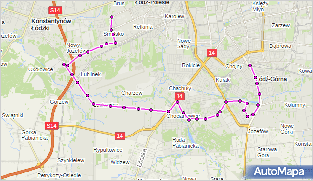 Mapa Polski Targeo, Autobus 68 - trasa Kusocińskiego - Dworzec Łódź - Chojny. MPKLodz na mapie Targeo