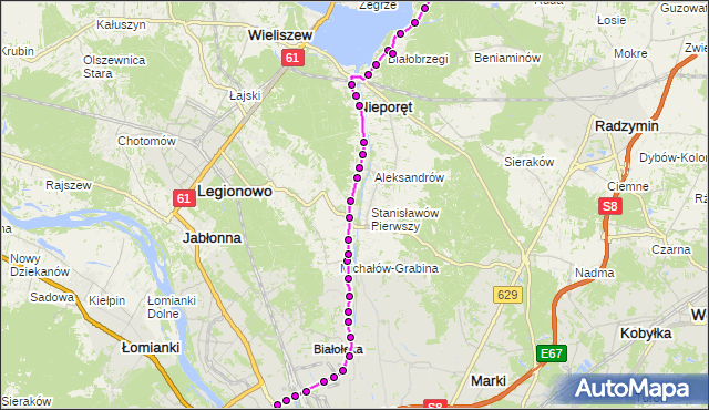 Mapa Polski Targeo, Autobus 705 - trasa ŻERAŃ FSO - RYNIA RN. ZTM Warszawa na mapie Targeo