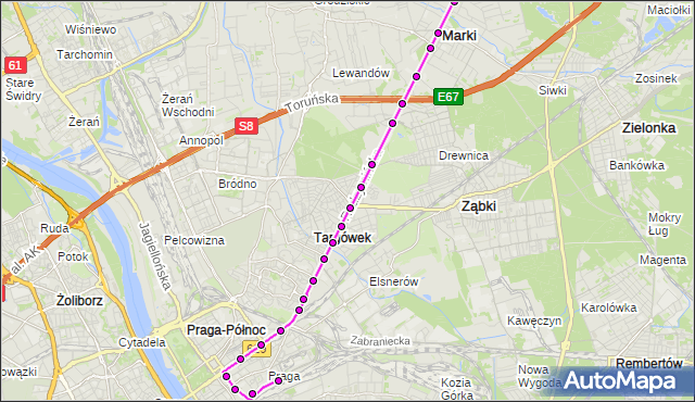 Mapa Polski Targeo, Autobus 805 - trasa PUSTELNIK MK - DW.WSCHODNI (KIJOWSKA). ZTM Warszawa na mapie Targeo