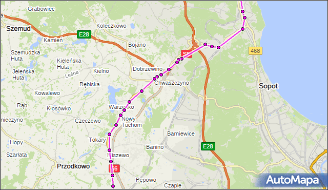 Mapa Polski Targeo, Autobus Z - trasa Armii Krajowej - Żukowo - Urząd Gminy. ZKMGdynia na mapie Targeo