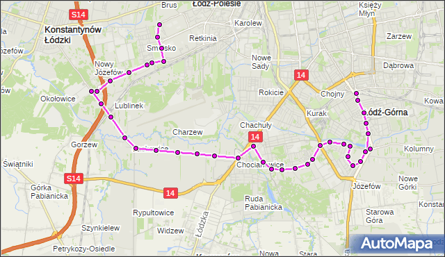 Mapa Polski Targeo, Autobus 68 - trasa Chojny - Kusocińskiego. MPKLodz na mapie Targeo