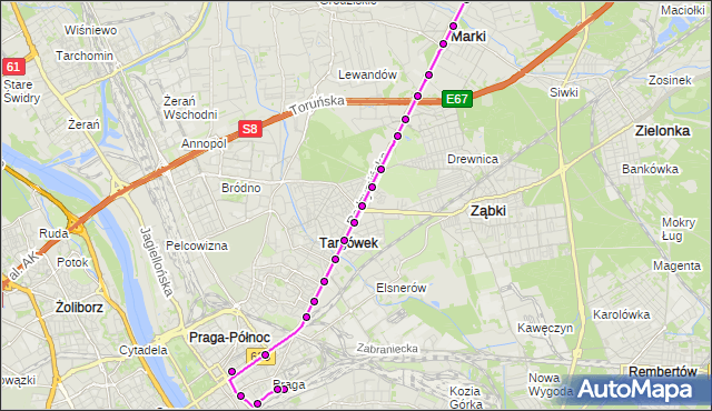 Mapa Polski Targeo, Autobus 805 - trasa DW.WSCHODNI (KIJOWSKA) - PUSTELNIK MK. ZTM Warszawa na mapie Targeo