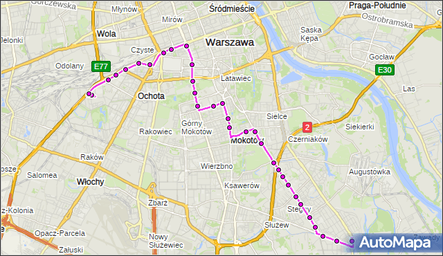 Mapa Polski Targeo, Autobus 130 - trasa CH BLUE CITY - WILANÓW. ZTM Warszawa na mapie Targeo