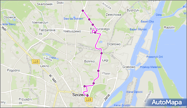 Mapa Polski Targeo, Autobus 68 - trasa Plac Rodła - Kormoranów. ZDiTM Szczecin na mapie Targeo