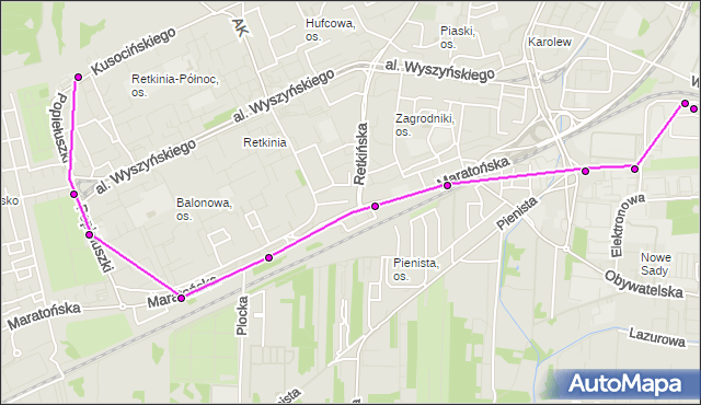 Mapa Polski Targeo, Autobus 68 - trasa Kusocińskiego - zajezdnia NOWE SADY. MPKLodz na mapie Targeo