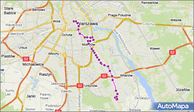 Mapa Polski Targeo, Autobus N81 - trasa WAFLOWA - DW.CENTRALNY. ZTM Warszawa na mapie Targeo