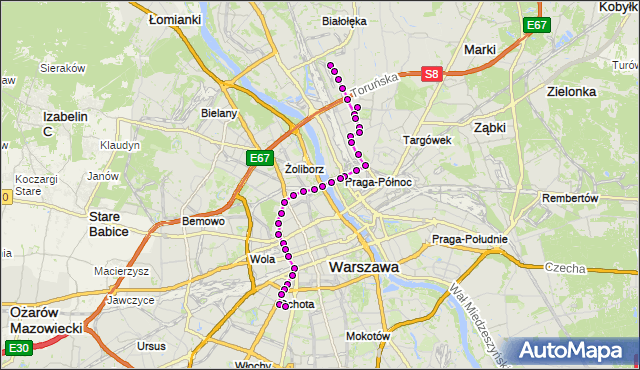 Mapa Polski Targeo, Tramwaj 1 - trasa ŻERAŃ WSCHODNI - BANACHA. ZTM Warszawa na mapie Targeo