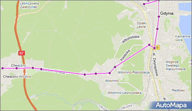 Mapa Polski Targeo, Autobus 160 - trasa Sokoła - Gdynia Dworzec Gł. PKP. ZKMGdynia na mapie Targeo