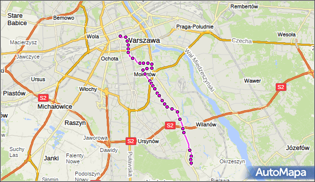 Mapa Polski Targeo, Autobus N81 - trasa DW.CENTRALNY - WAFLOWA. ZTM Warszawa na mapie Targeo