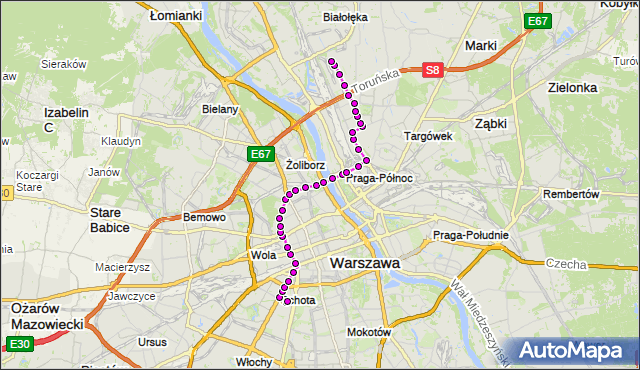 Mapa Polski Targeo, Tramwaj 1 - trasa BANACHA - ŻERAŃ WSCHODNI. ZTM Warszawa na mapie Targeo