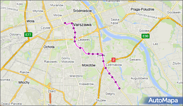 Mapa Polski Targeo, Autobus 131 - trasa DW.CENTRALNY - SADYBA. ZTM Warszawa na mapie Targeo