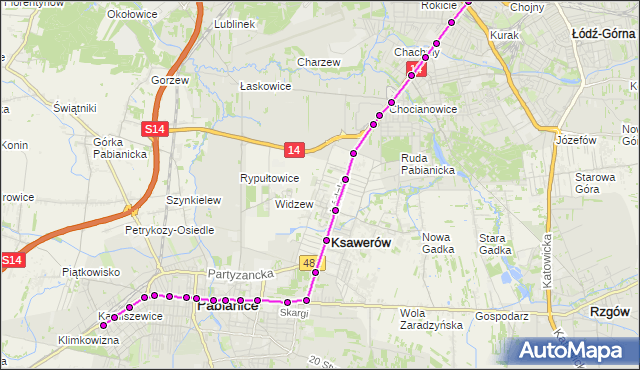 Mapa Polski Targeo, Tramwaj 41 - trasa - Wiejska (Pabianice). MPKLodz na mapie Targeo