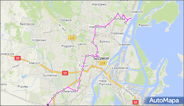 Mapa Polski Targeo, Autobus 523 - trasa Wiszesława - Cukrowa. ZDiTM Szczecin na mapie Targeo