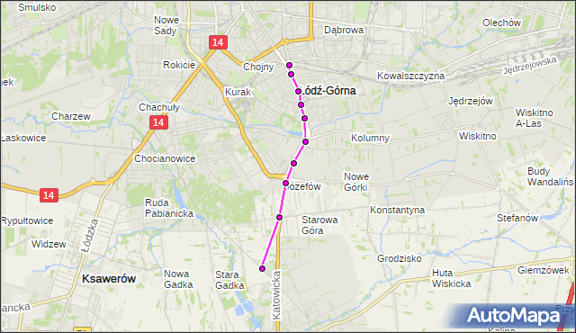 Mapa Polski Targeo, Autobus 93 - trasa Chojny - Gadka Stara - cmentarz. MPKLodz na mapie Targeo