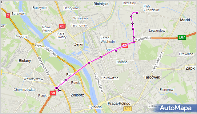 Mapa Polski Targeo, Autobus 132 - trasa SKARBKA Z GÓR - METRO MARYMONT. ZTM Warszawa na mapie Targeo