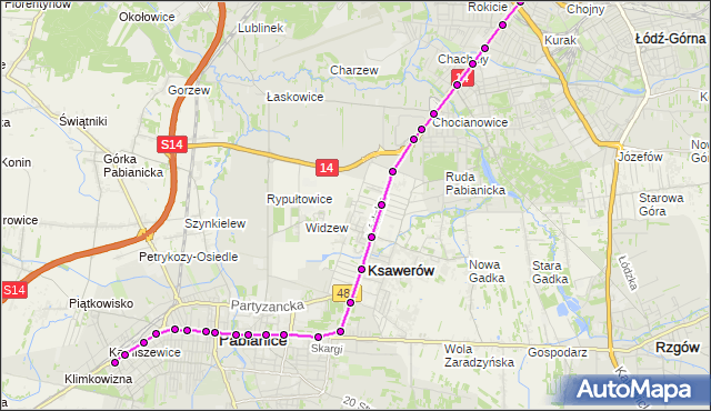 Mapa Polski Targeo, Tramwaj 41 - trasa Wiejska (Pabianice) - plac Niepodległości. MPKLodz na mapie Targeo