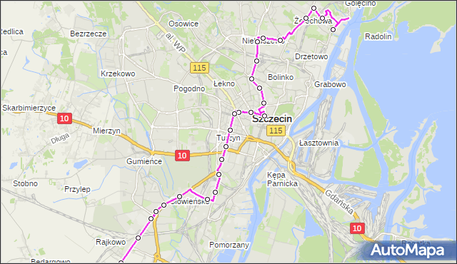 Mapa Polski Targeo, Autobus 523 - trasa Wiszesława - Przecław. ZDiTM Szczecin na mapie Targeo