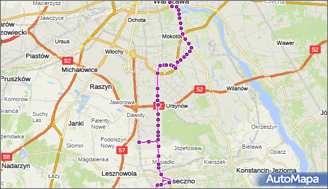 Mapa Polski Targeo, Autobus N83 - trasa PKP PIASECZNO PS - DW.CENTRALNY. ZTM Warszawa na mapie Targeo