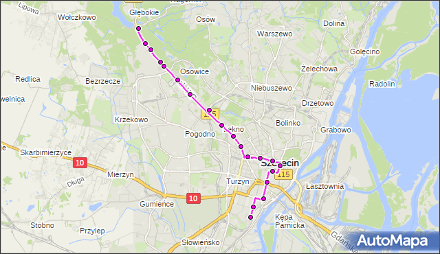 Mapa Polski Targeo, Tramwaj 1 - trasa Głębokie - Potulicka. ZDiTM Szczecin na mapie Targeo