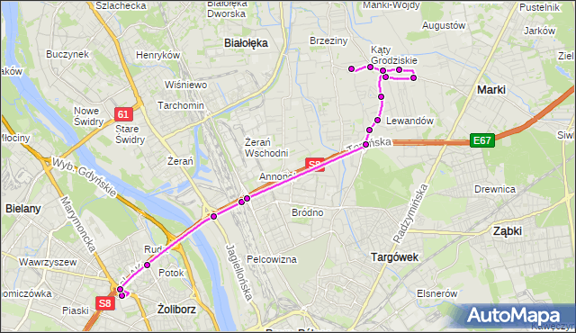 Mapa Polski Targeo, Autobus 132 - trasa METRO MARYMONT - SKARBKA Z GÓR. ZTM Warszawa na mapie Targeo
