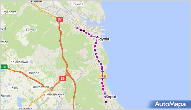 Mapa Polski Targeo, Autobus 21 - trasa Kalksztajnów - Sopot Reja. ZKMGdynia na mapie Targeo