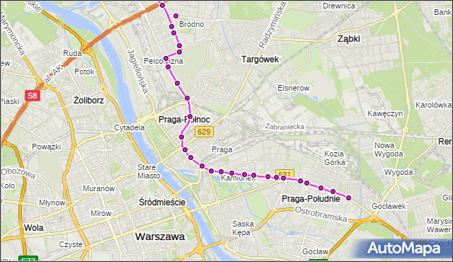 Mapa Polski Targeo, Tramwaj 3 - trasa ANNOPOL - GOCŁAWEK. ZTM Warszawa na mapie Targeo